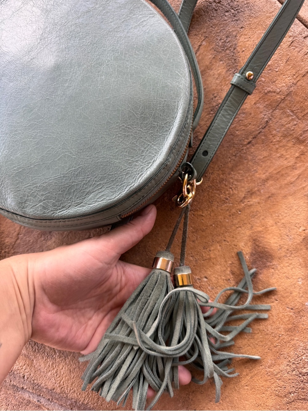 Brahmin Lane Circle Crossbody Bag Sage Green Leather Round Tassel Top Handle - Picture 7 of 16